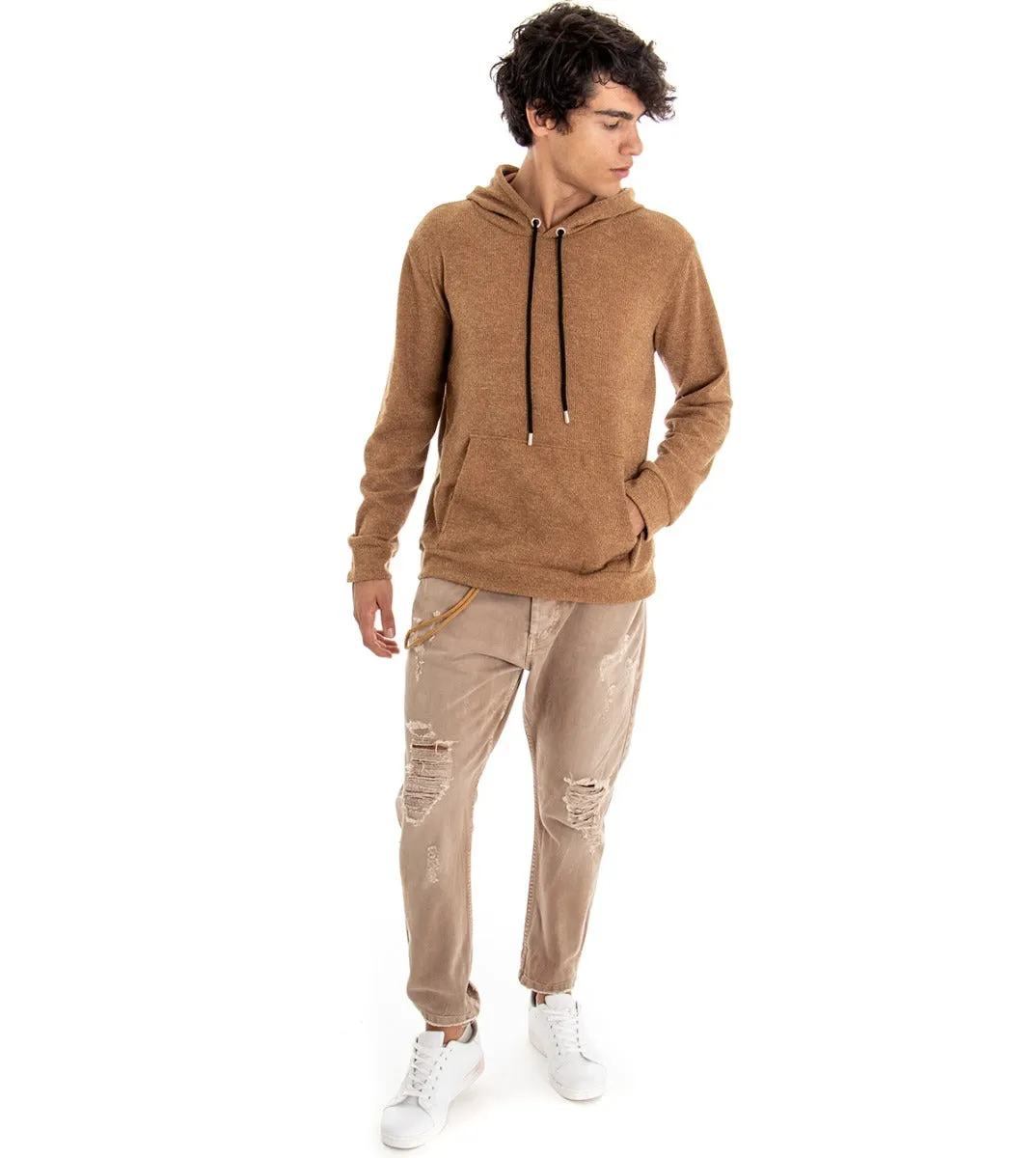 Felpa Uomo Con Cappuccio Maglia Velluto Costine Camel Regular Fit GIOSAL-F2672A