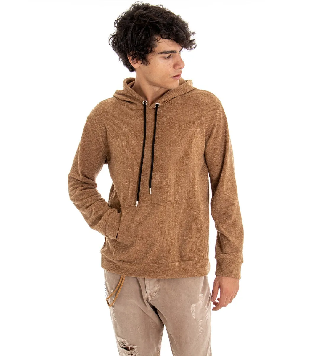 Felpa Uomo Con Cappuccio Maglia Velluto Costine Camel Regular Fit GIOSAL-F2672A