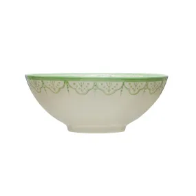 Hand-Painted Stoneware Bowl w/ Flower Pattern - White & Green