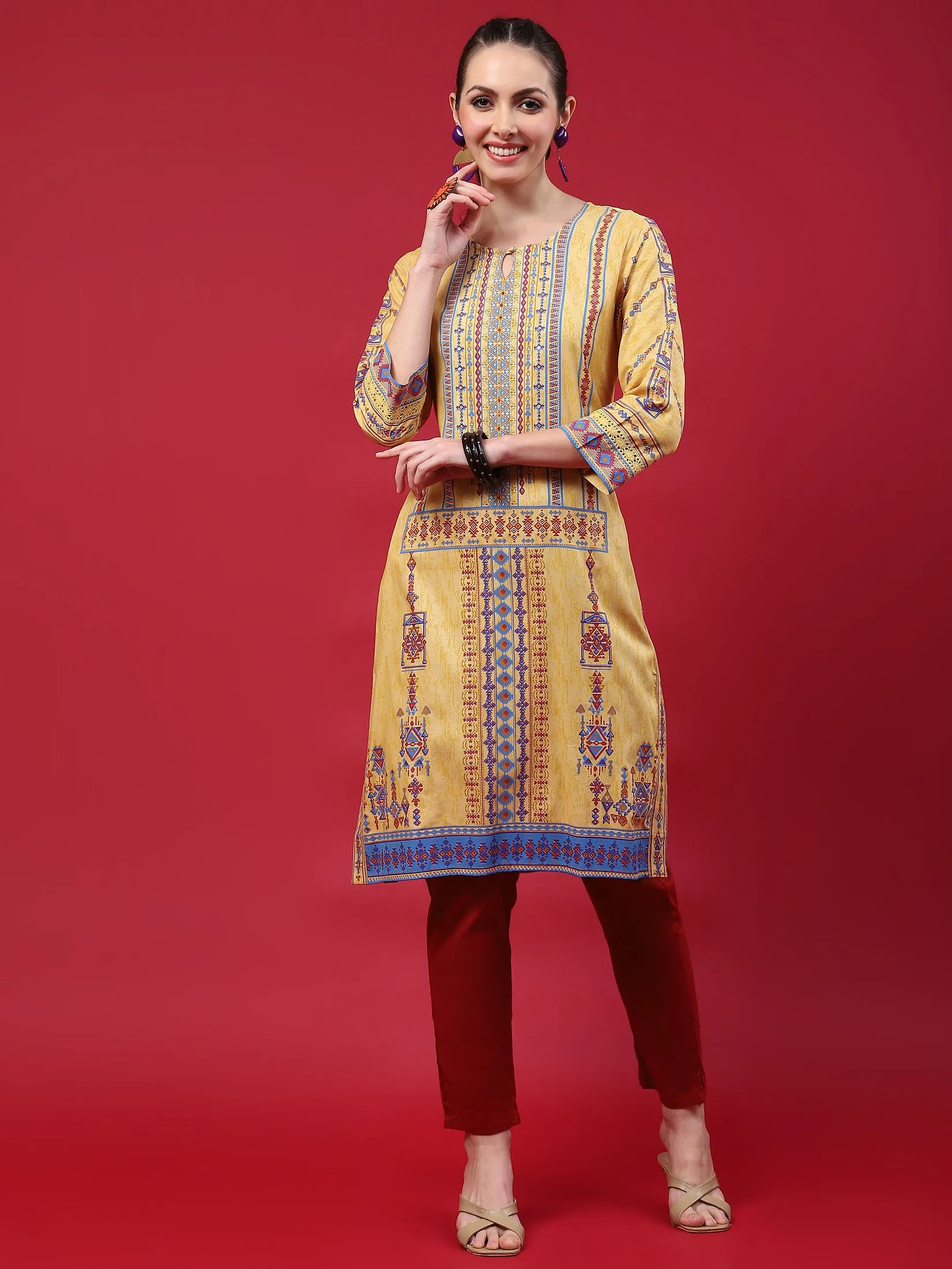 Indiessence Women Mustard Geometric Printed Kurta