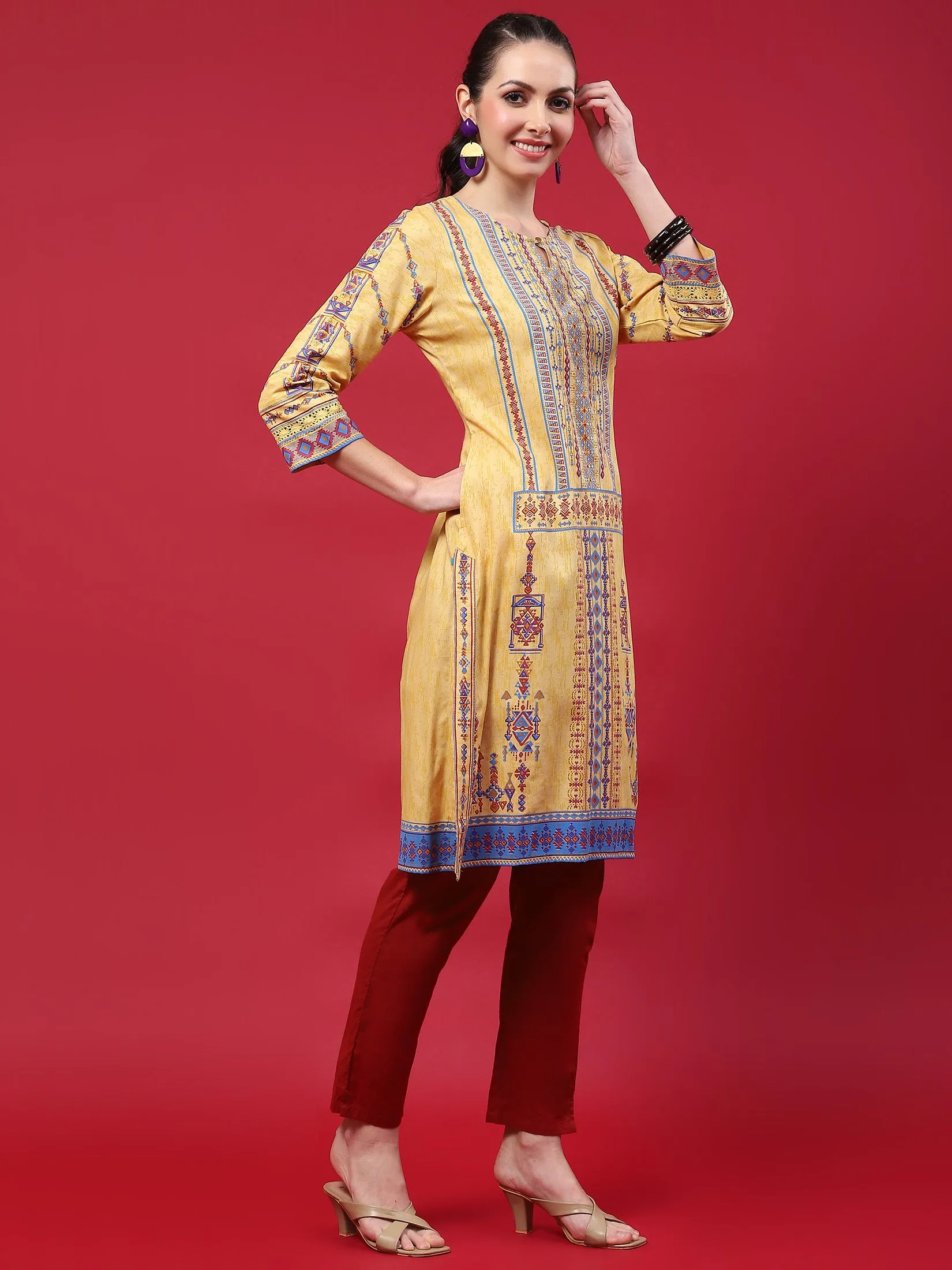 Indiessence Women Mustard Geometric Printed Kurta