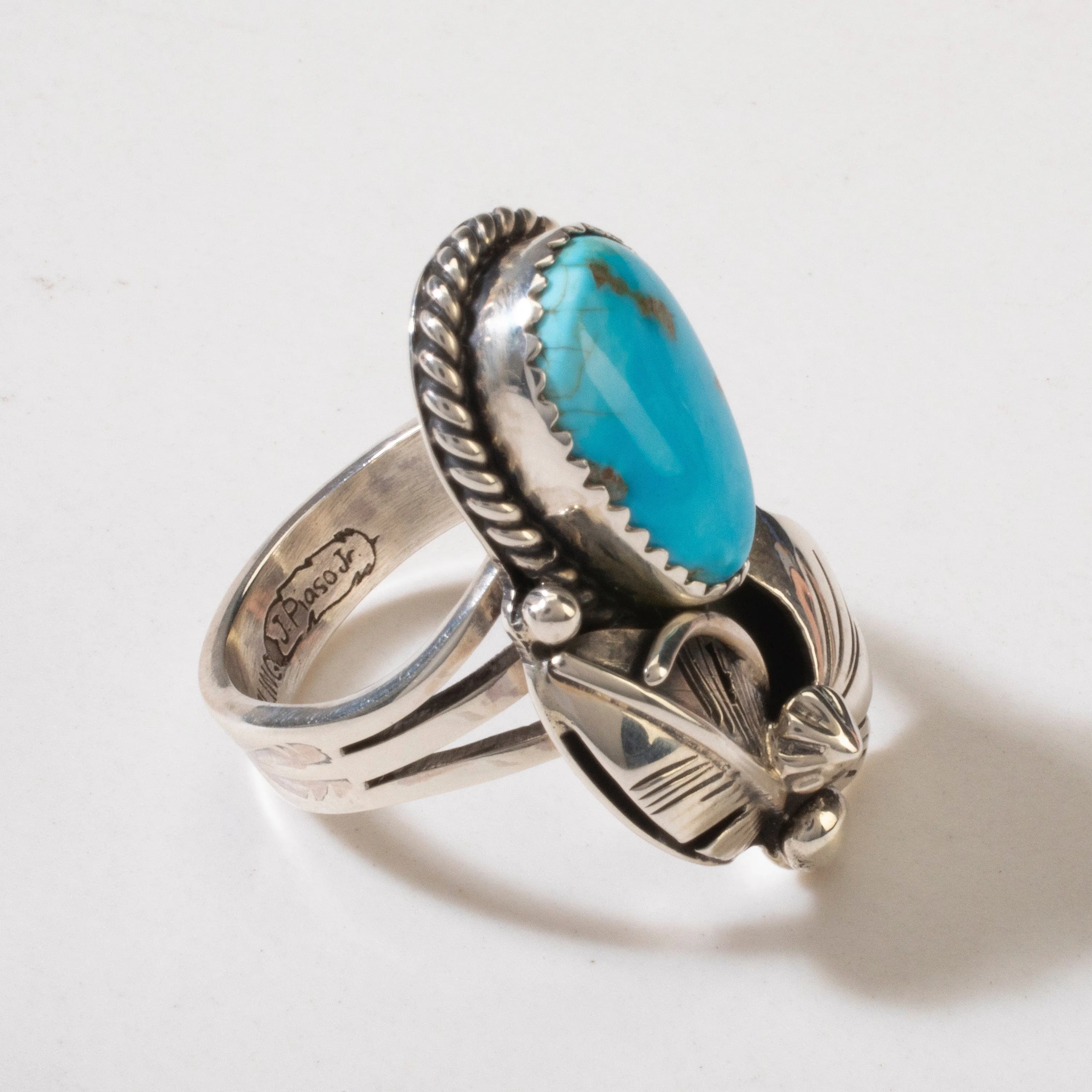 Joe Piaso Jr. Sleeping Beauty Turquoise Feather Navajo USA Native American Made 925 Sterling Silver Ring