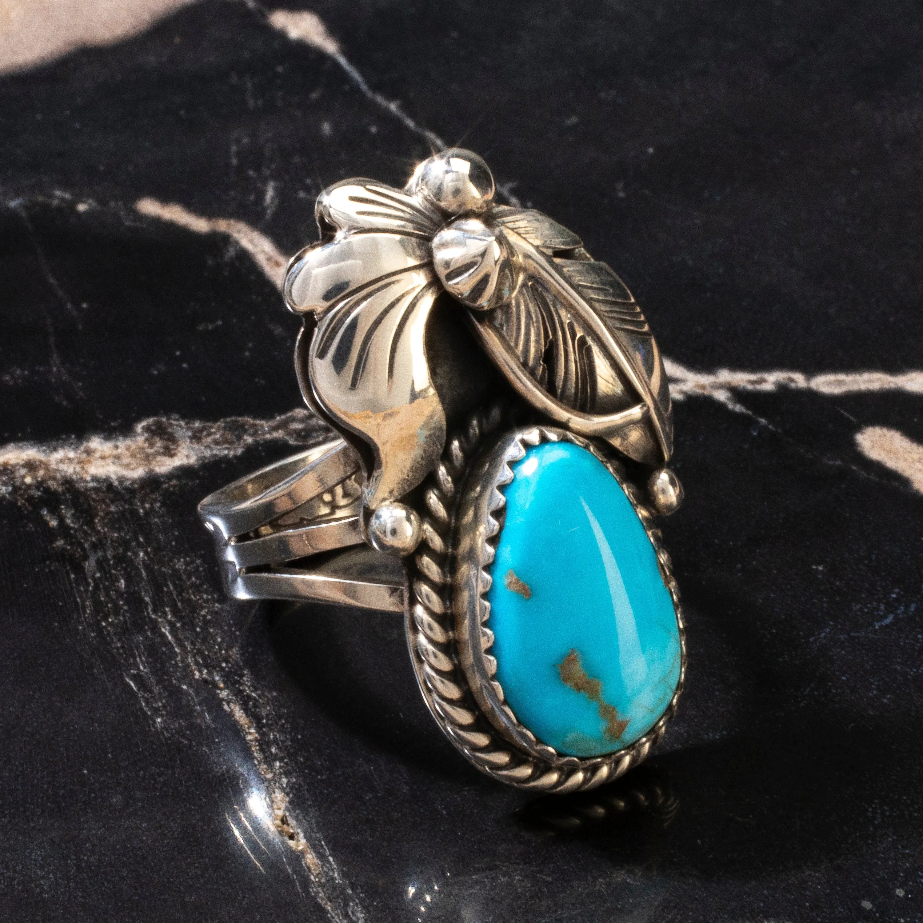 Joe Piaso Jr. Sleeping Beauty Turquoise Feather Navajo USA Native American Made 925 Sterling Silver Ring