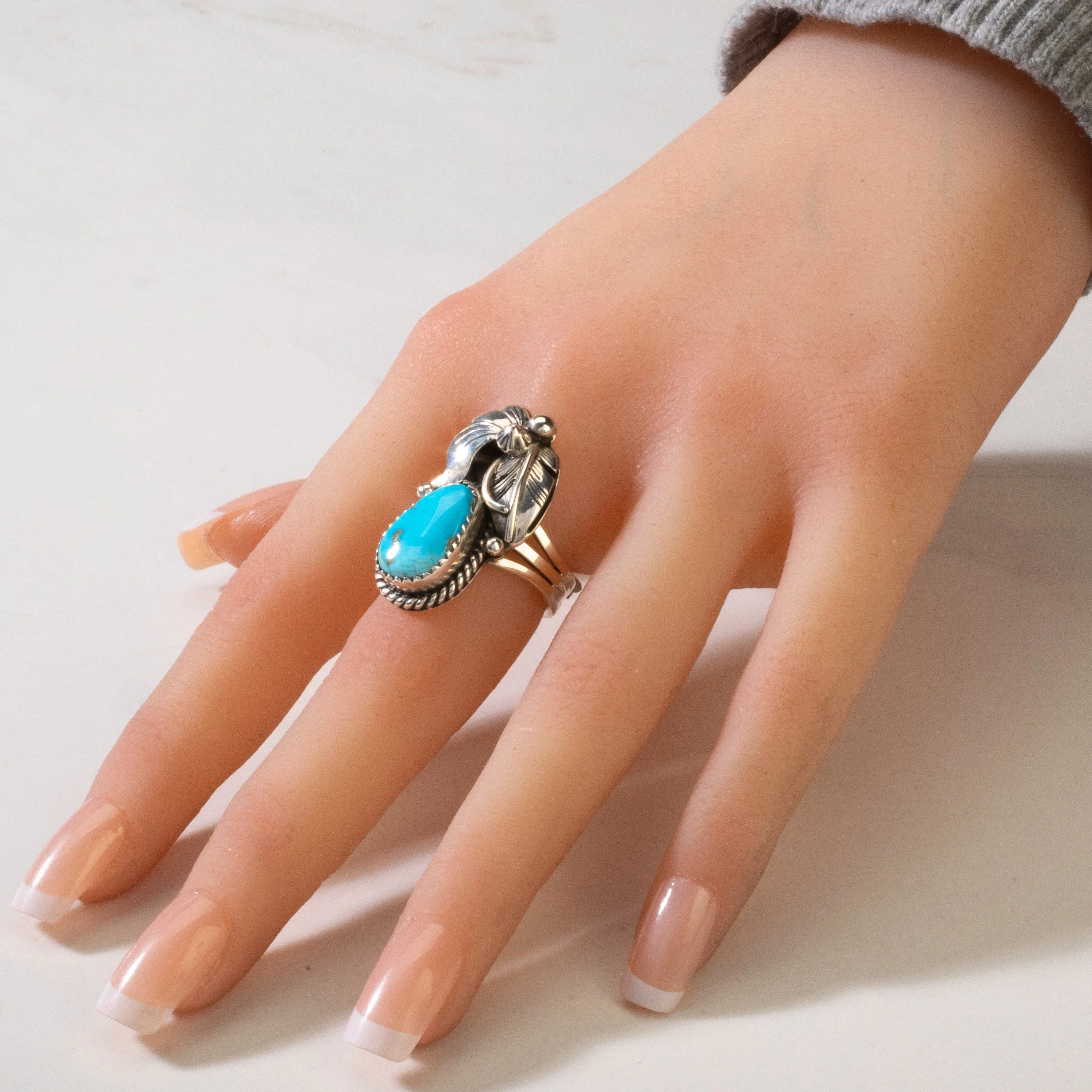 Joe Piaso Jr. Sleeping Beauty Turquoise Feather Navajo USA Native American Made 925 Sterling Silver Ring