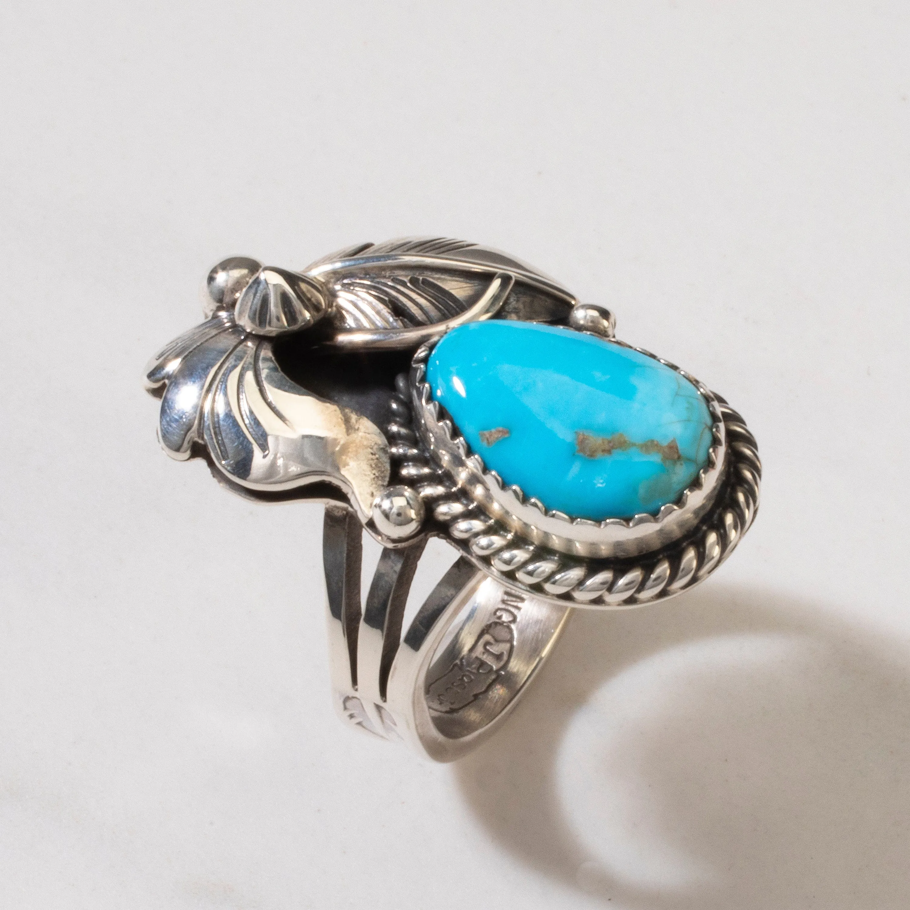 Joe Piaso Jr. Sleeping Beauty Turquoise Feather Navajo USA Native American Made 925 Sterling Silver Ring