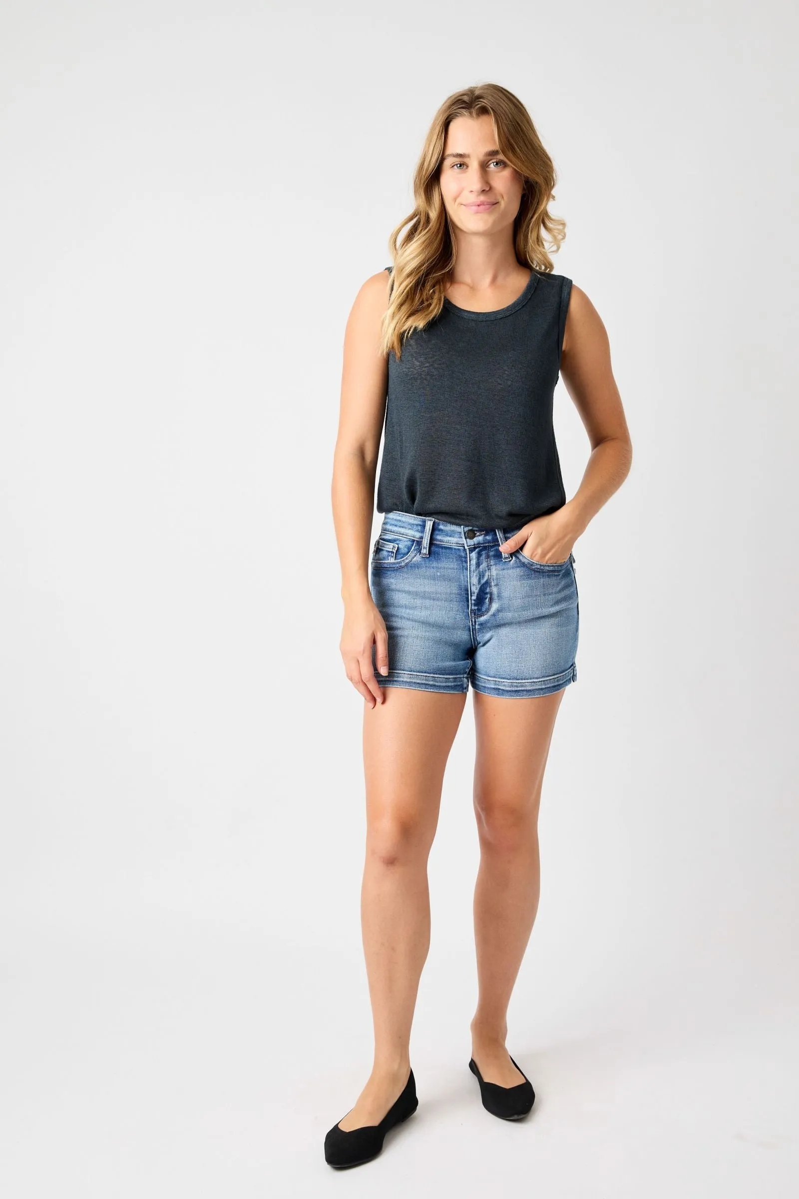 Judy Blue Mid-Rise Heavy Contrast Faux Flap Pocket Shorts