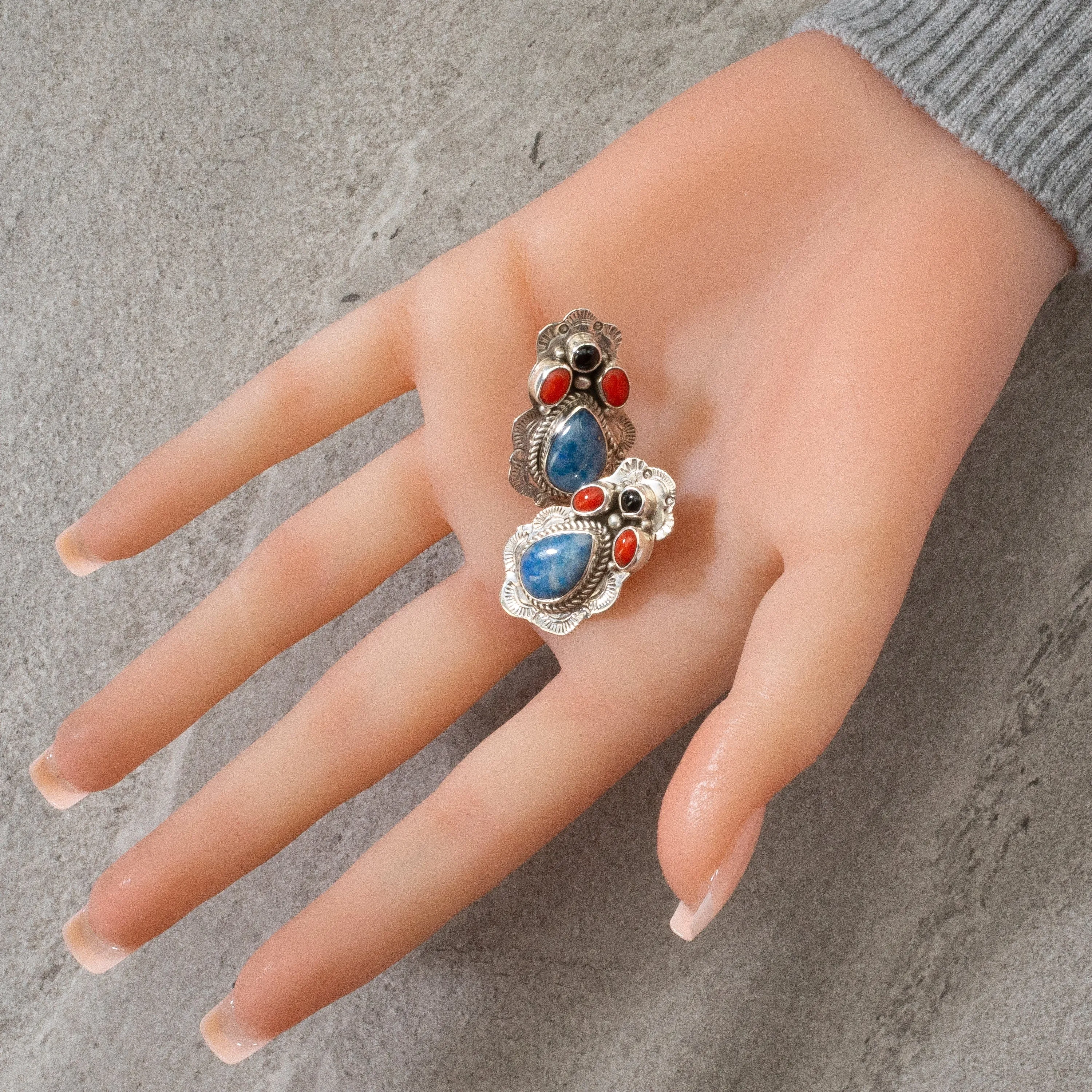 Lapis, Red Coral, & Black Onyx Navajo USA Native American Made 925 Sterling Silver Earrings with Stud Backing