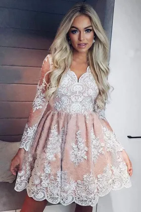 Long Sleeve See Through V Neck Lace Homecoming Dresses Vintage Short Prom Dresses