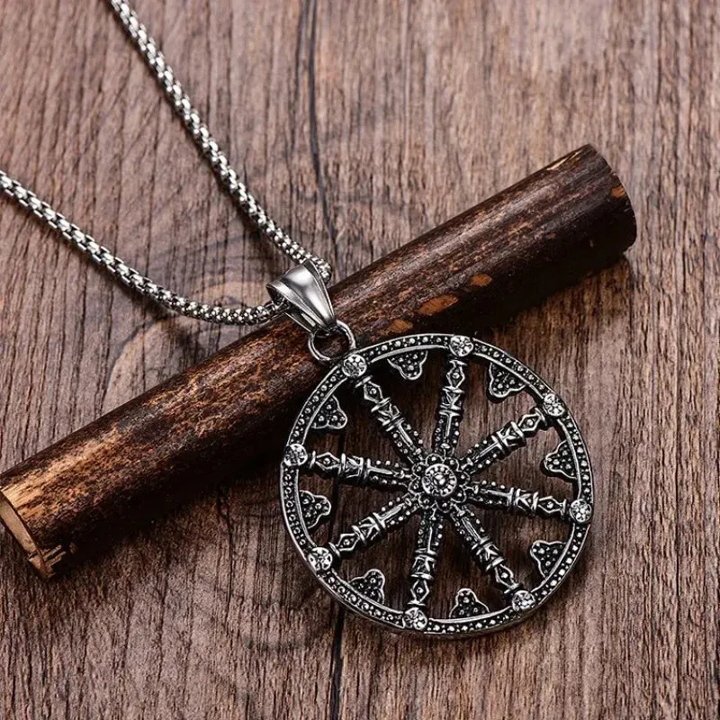 Men Stainless Steel Dharma Chakra Pendant Dharma Wheel of Law Buddhist Symbol Necklace