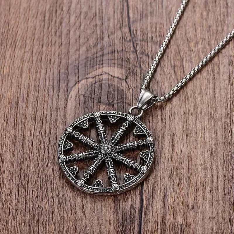 Men Stainless Steel Dharma Chakra Pendant Dharma Wheel of Law Buddhist Symbol Necklace