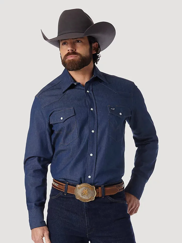 Men's Wrangler COWBOY CUT WORK WESTERN RIGID DENIM LONG SLEEVE SHIRT IN RIGID INDIGO