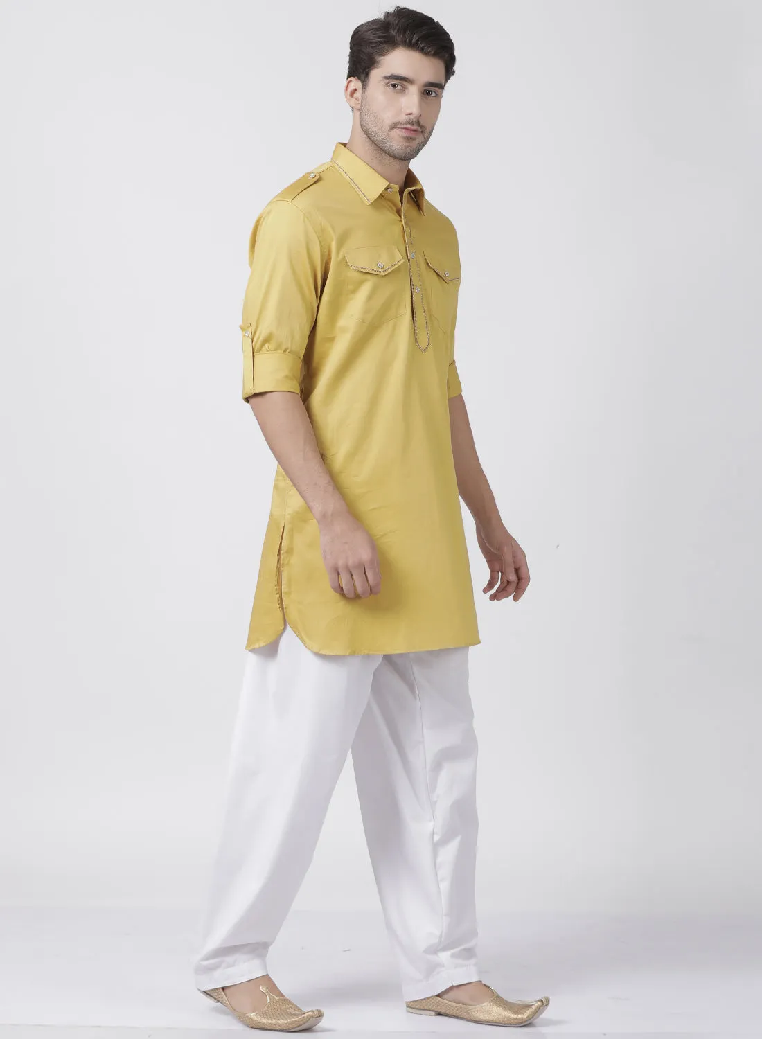 Men's Yellow Cotton Blend Pathani Suit Set