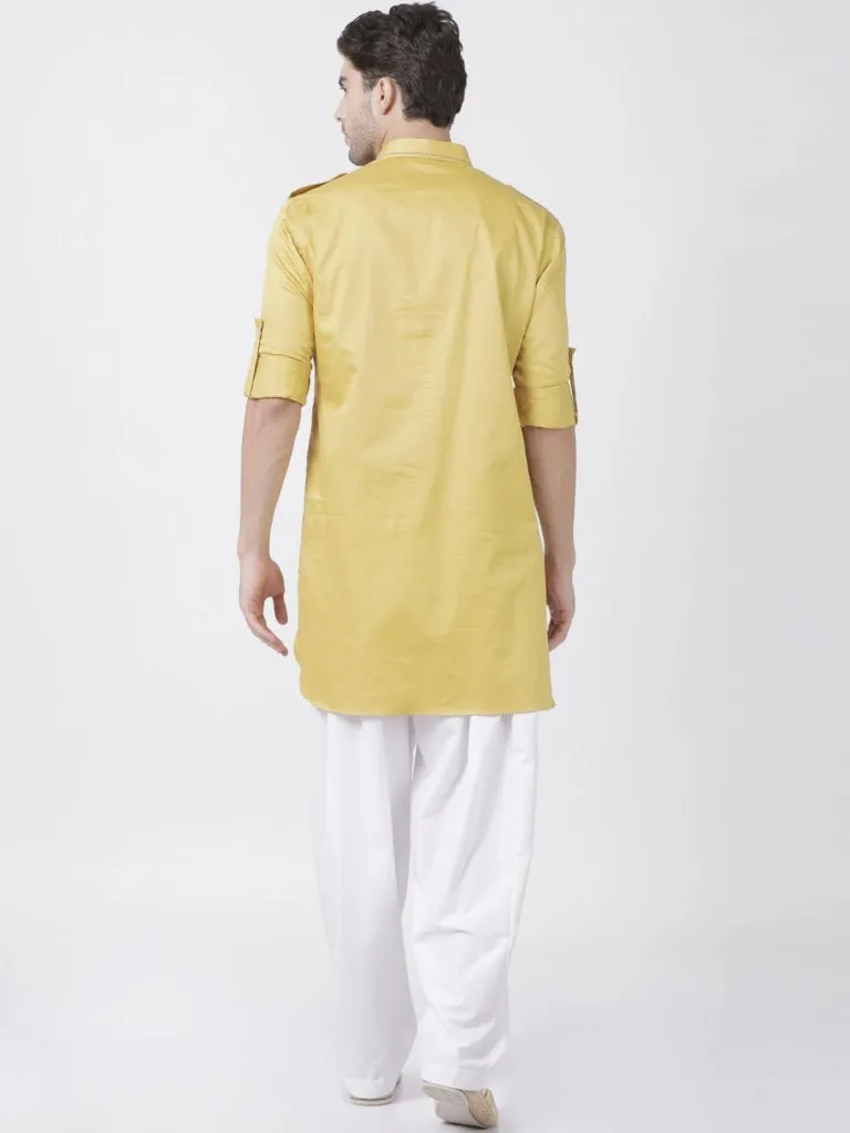 Men's Yellow Cotton Blend Pathani Suit Set