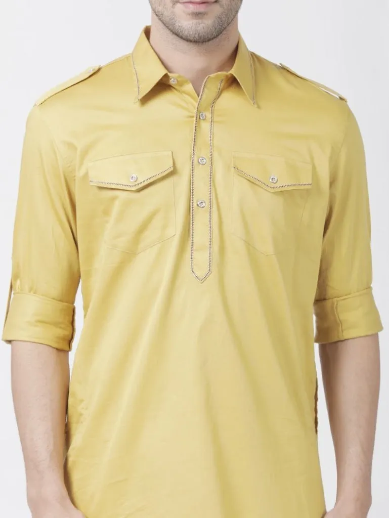 Men's Yellow Cotton Blend Pathani Suit Set