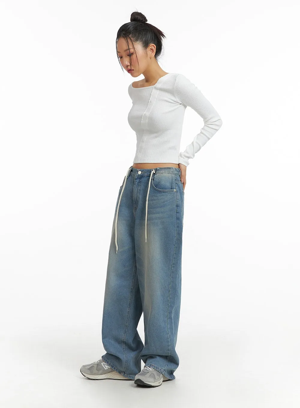 Mid Waist Wide Leg Drawstring Jeans CJ429