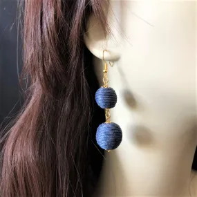 Navy Blue Thread Ball Dangle Earrings