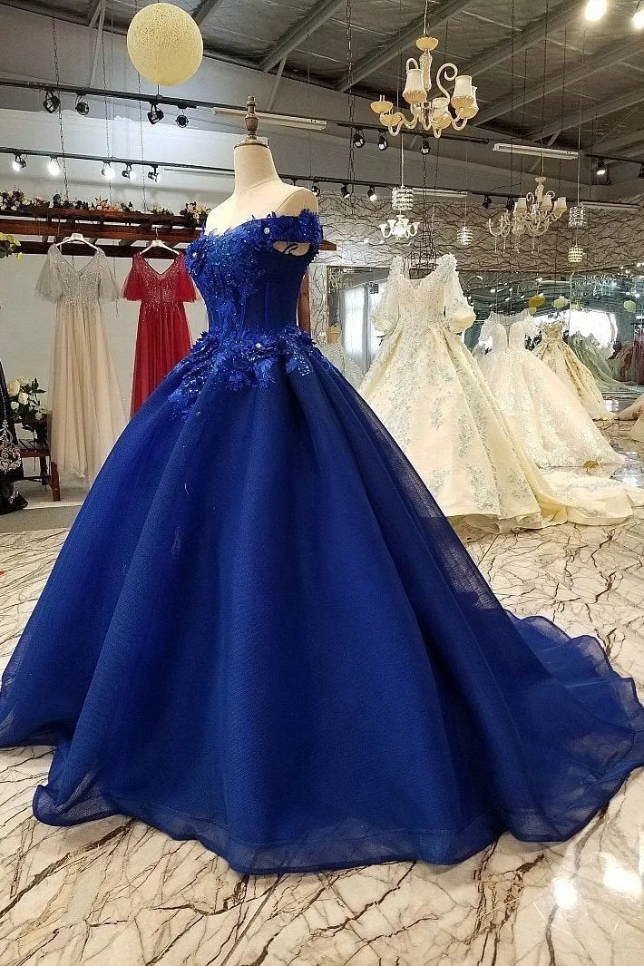 Off Shoulder Royal Blue Evening Dresses with 3D Floral Lace Ball Gown Quinceanera Dresses