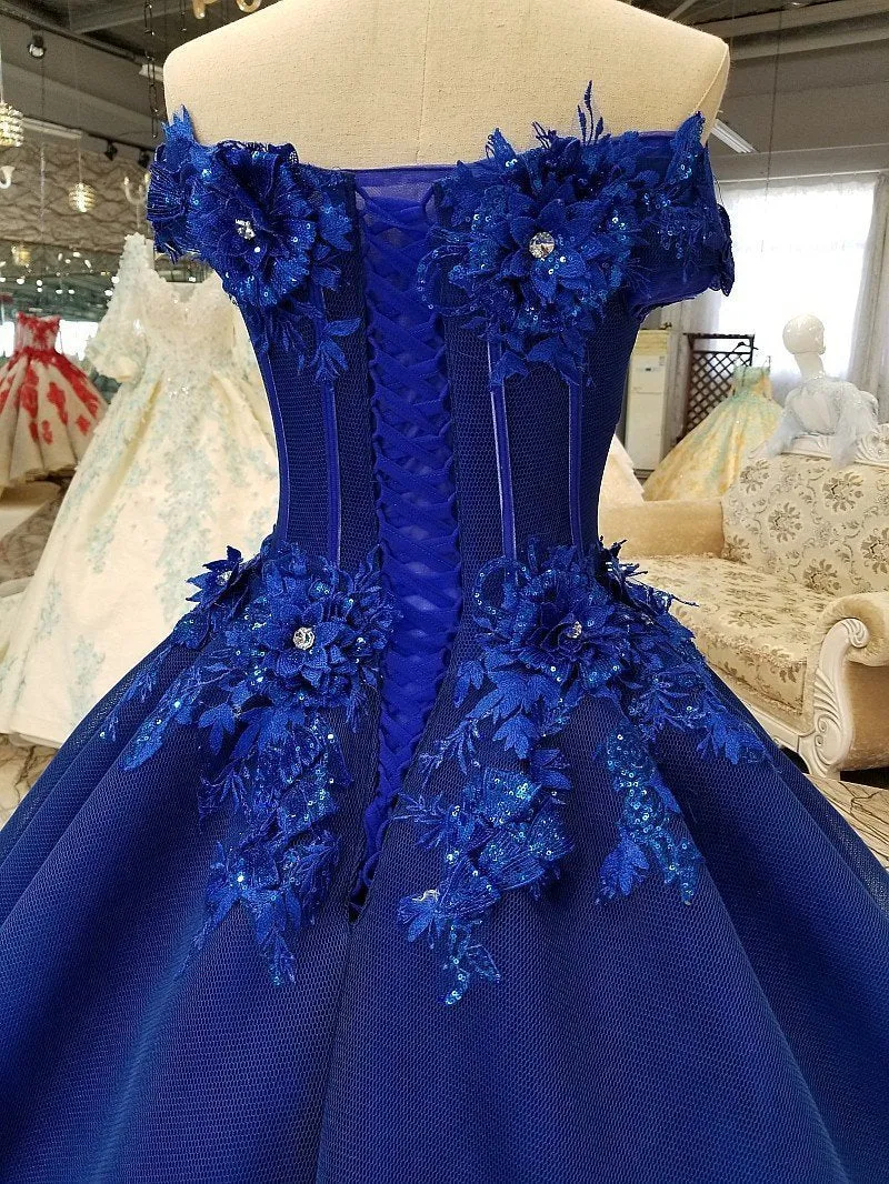 Off Shoulder Royal Blue Evening Dresses with 3D Floral Lace Ball Gown Quinceanera Dresses