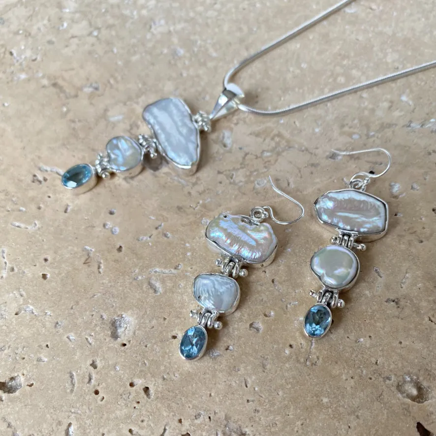 Pearl And Blue Topaz Waterfall Pendant And Earring Set