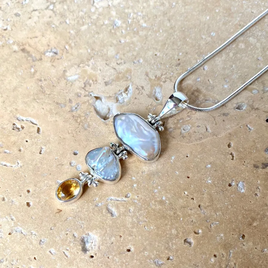 Pearl And Citrine Waterfall Pendant And Earring Set