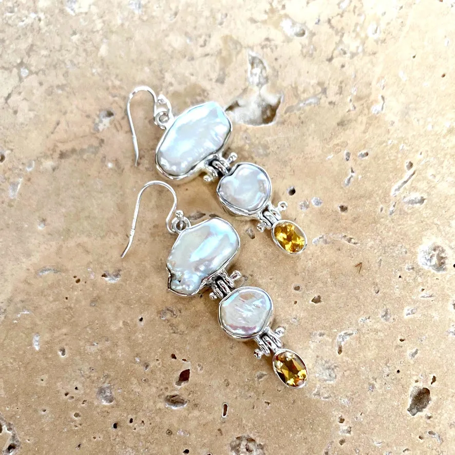 Pearl And Citrine Waterfall Pendant And Earring Set