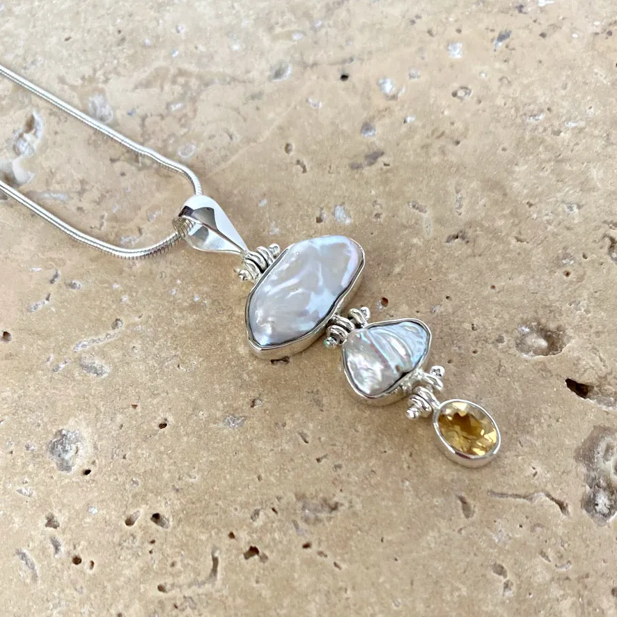 Pearl And Citrine Waterfall Pendant And Earring Set