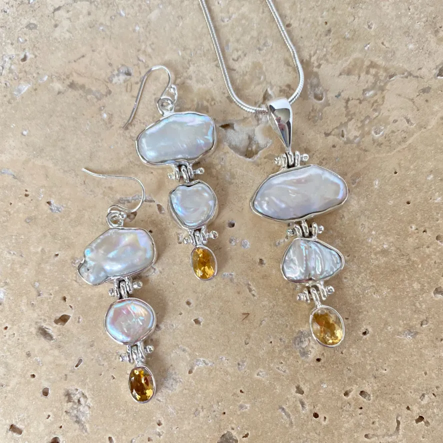 Pearl And Citrine Waterfall Pendant And Earring Set