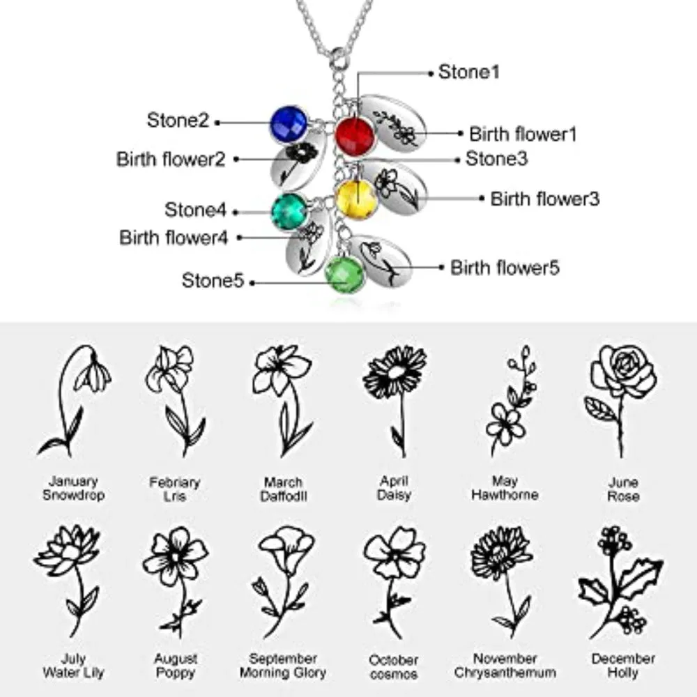 Personalized 5 Birthstones And Flowers Pendant