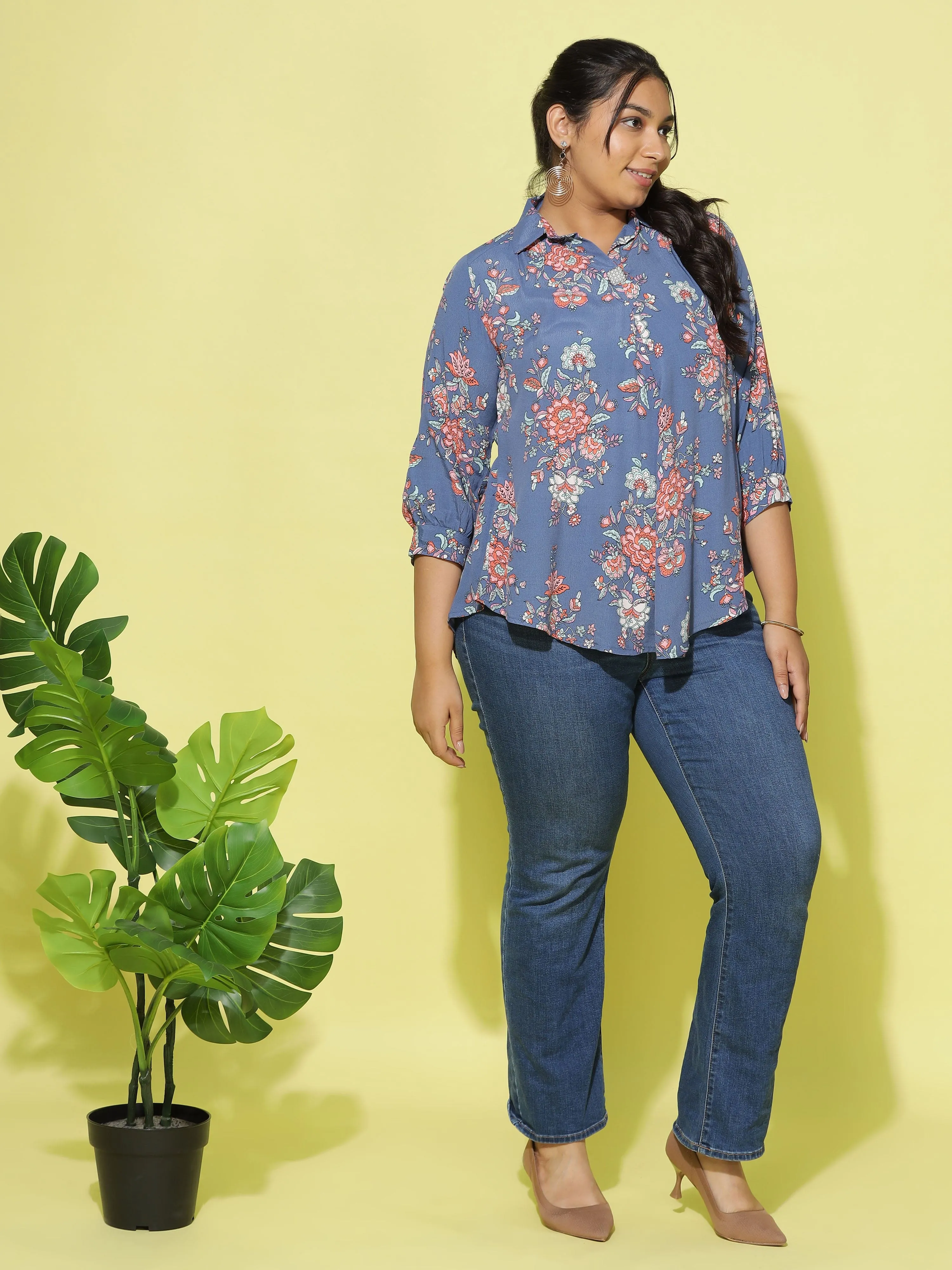 Premium Viscose Hi-Lo Top Collar Neck Denim Blue