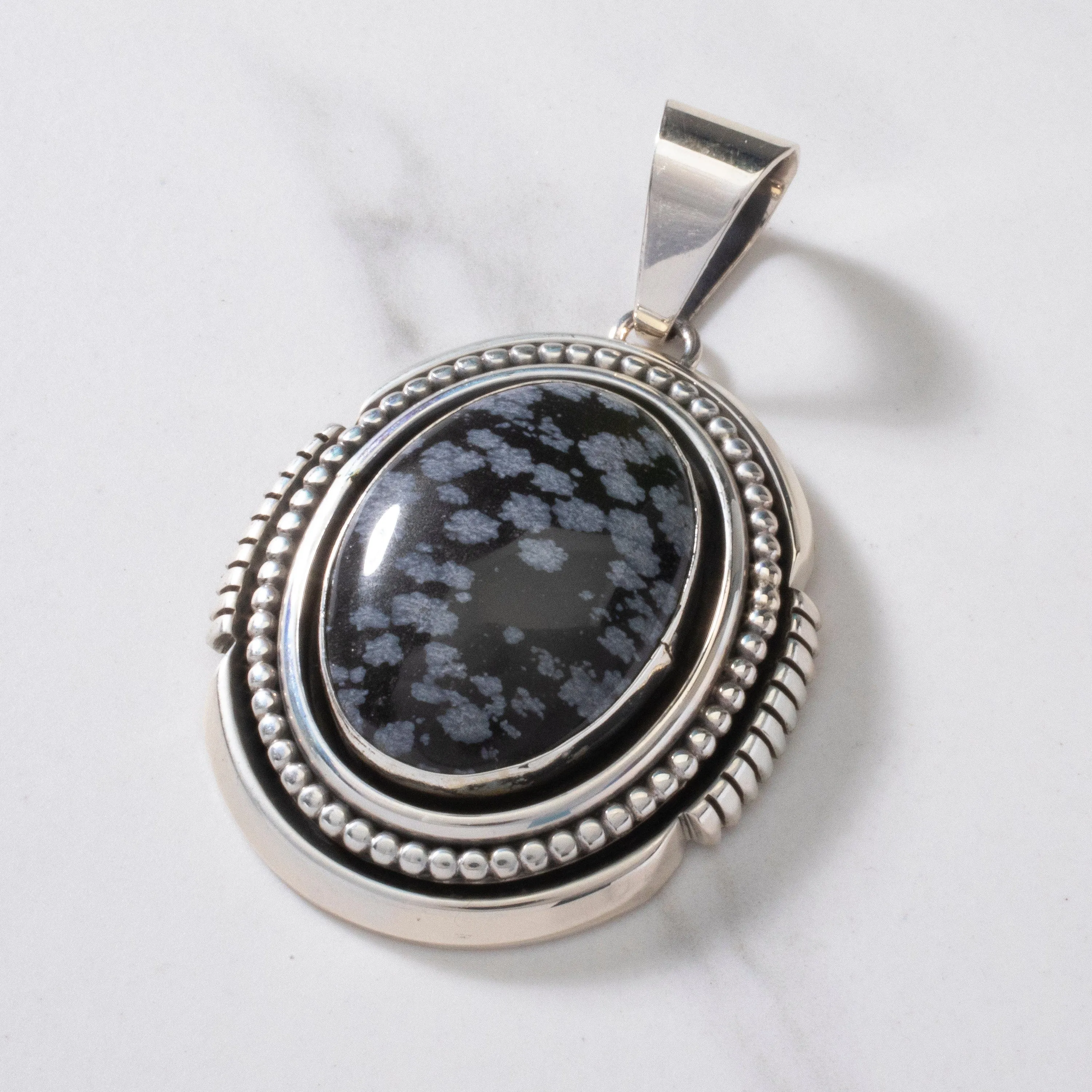 Ray Bennett Snowflake Obsidian Navajo USA Native American Made 925 Sterling Silver Pendant