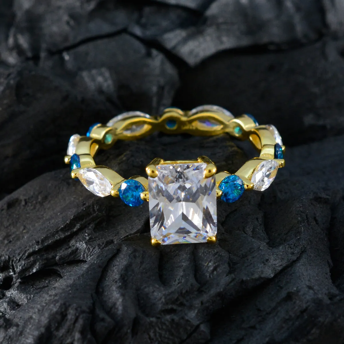 Riyo Antique Silver Ring With Yellow Gold Plating Blue Topaz CZ Stone Octagon Shape Prong Setting Antique Jewelry Wedding Ring