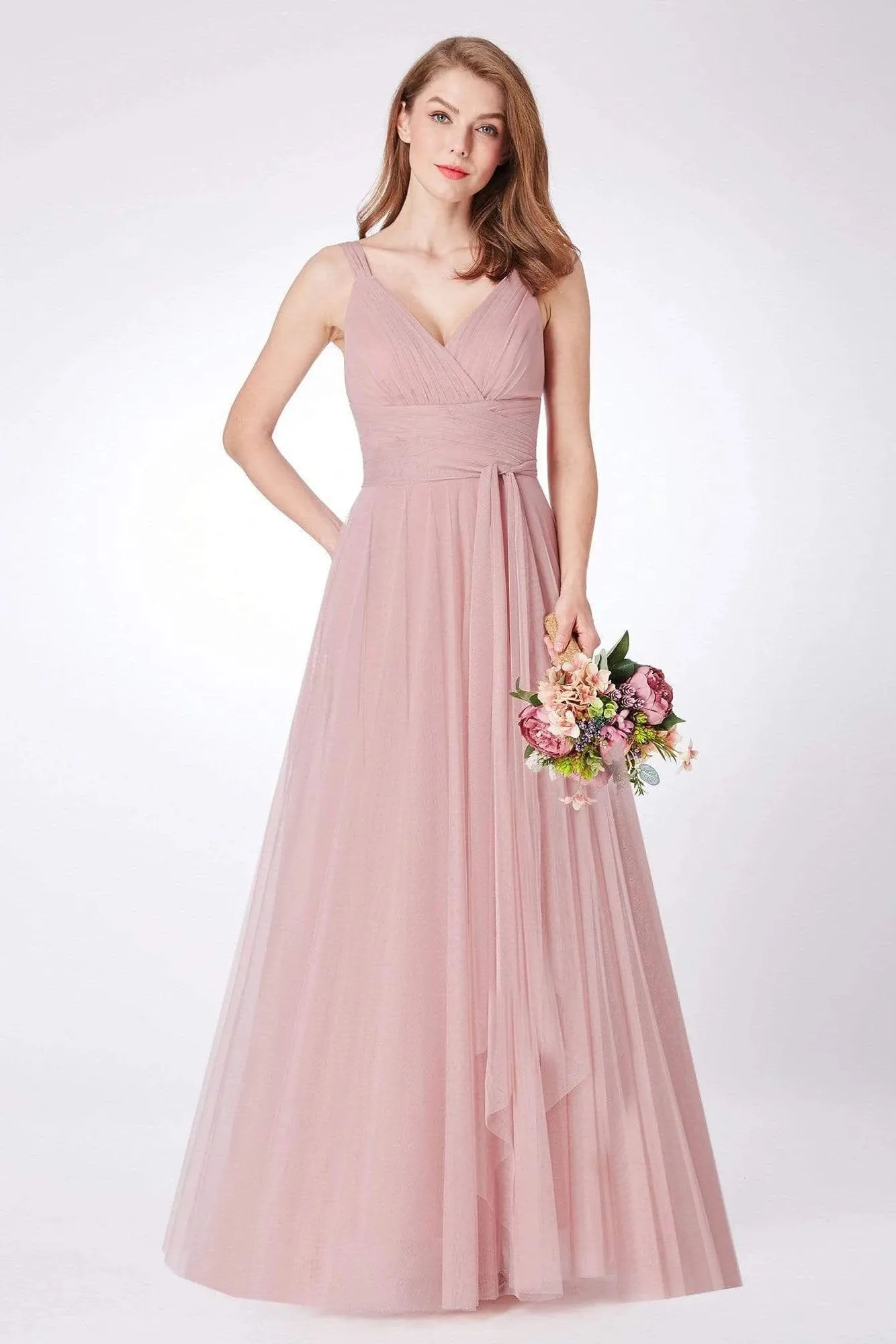 Simple A Line Pink V Neck Tulle Sleeveless Prom Dresses Long Bridesmaid Dresses STK15383