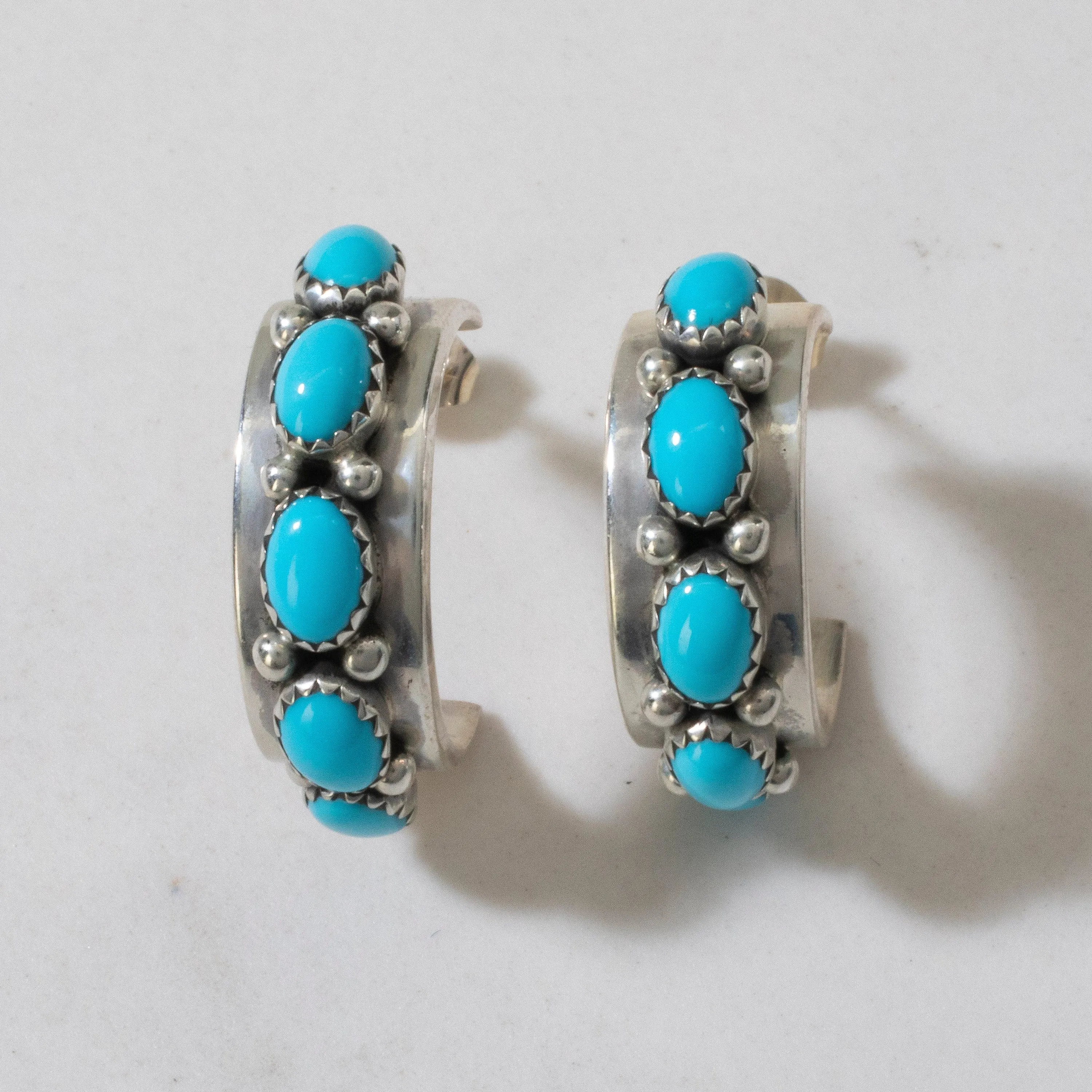 Sleeping Beauty Turquoise Semi Hoop Navajo USA Native American Made 925 Sterling Silver Earrings with Stud Backing