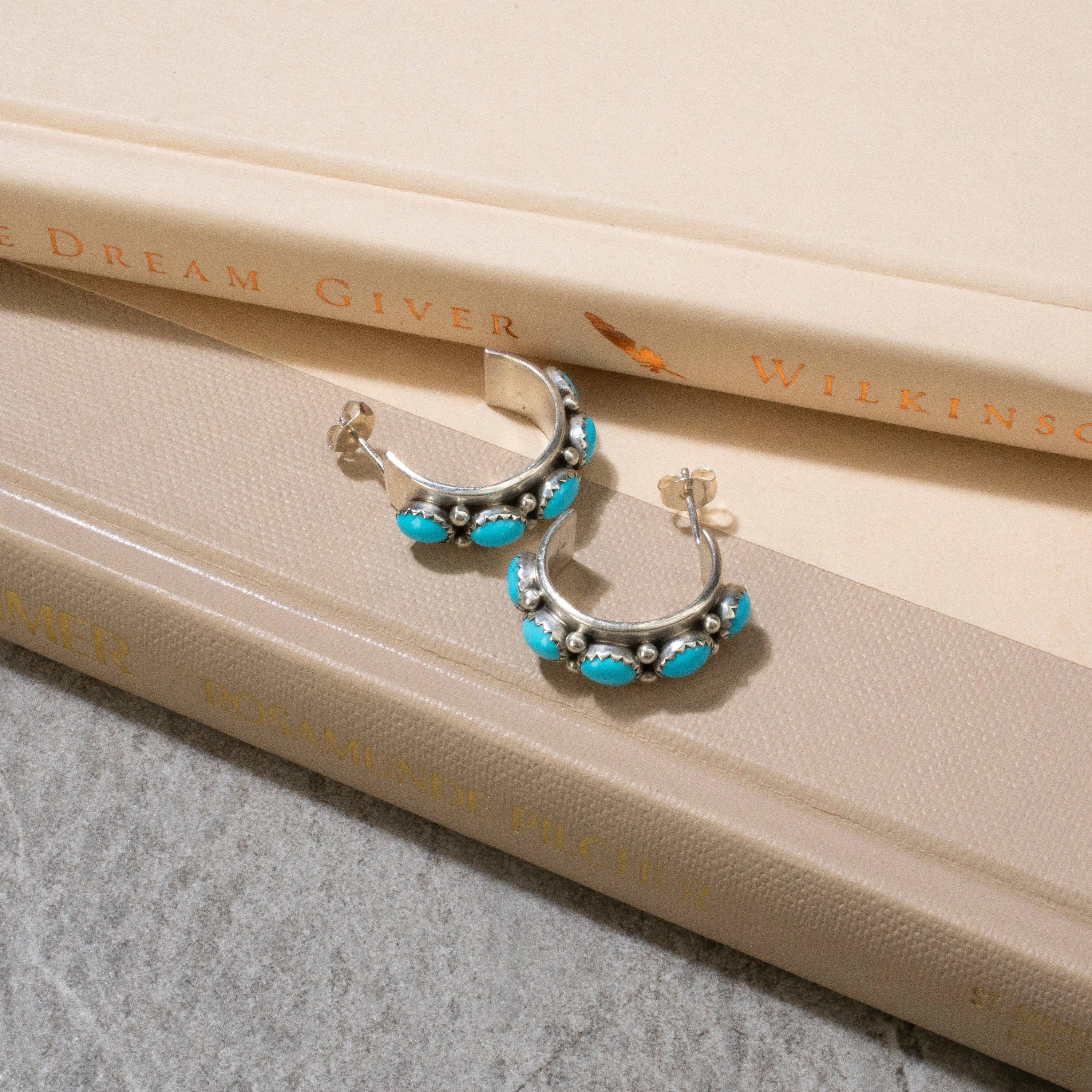 Sleeping Beauty Turquoise Semi Hoop Navajo USA Native American Made 925 Sterling Silver Earrings with Stud Backing