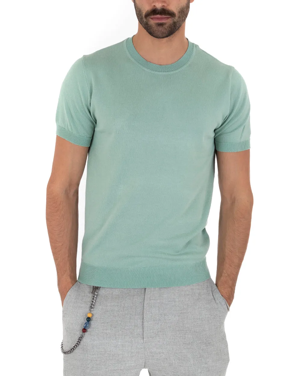 T-Shirt Uomo Manica Corta Tinta Unita Verde Salvia Girocollo Filo Casual GIOSAL-TS3050A