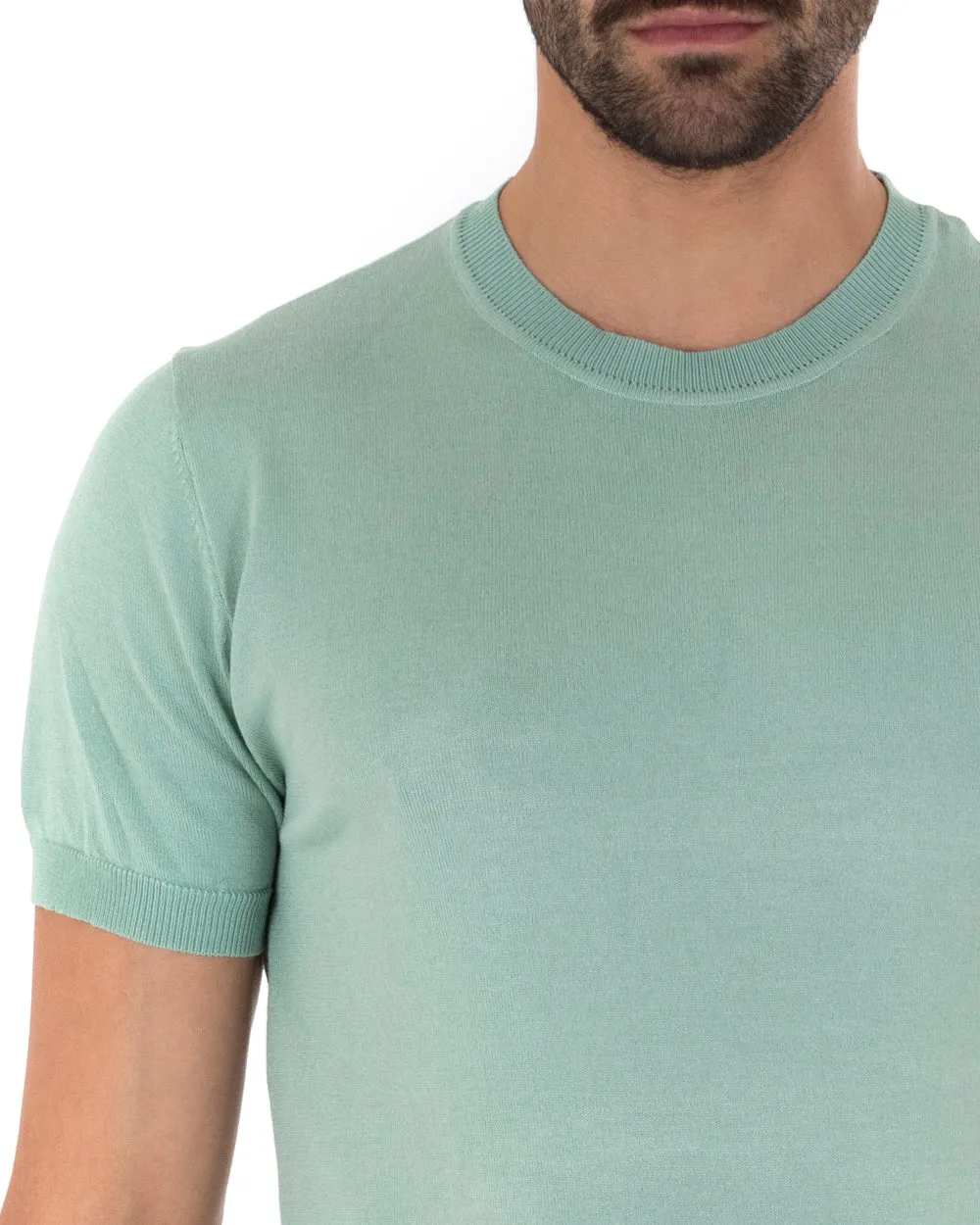 T-Shirt Uomo Manica Corta Tinta Unita Verde Salvia Girocollo Filo Casual GIOSAL-TS3050A