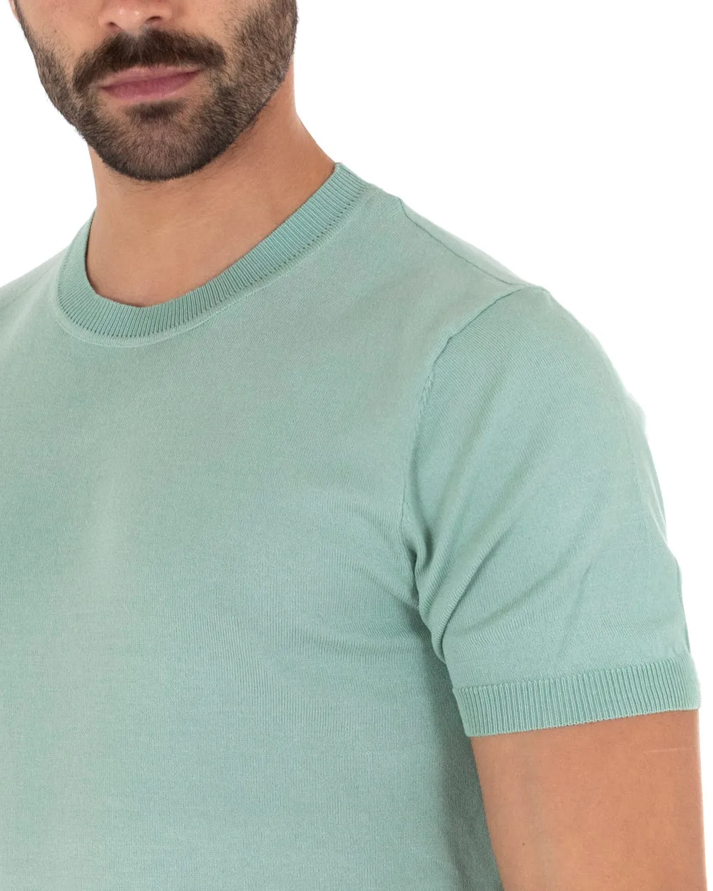 T-Shirt Uomo Manica Corta Tinta Unita Verde Salvia Girocollo Filo Casual GIOSAL-TS3050A