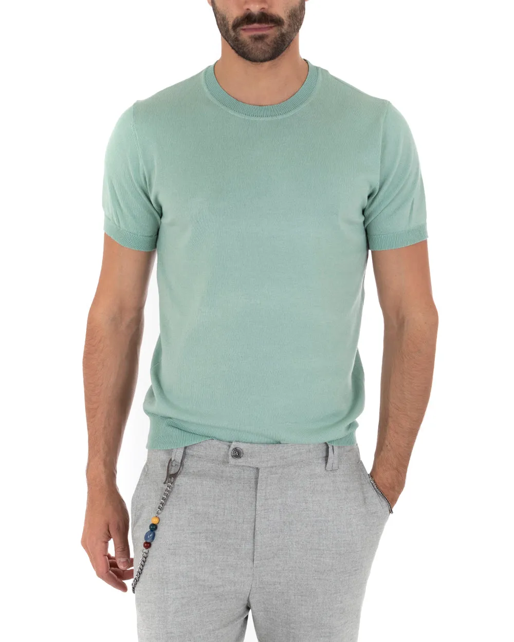 T-Shirt Uomo Manica Corta Tinta Unita Verde Salvia Girocollo Filo Casual GIOSAL-TS3050A