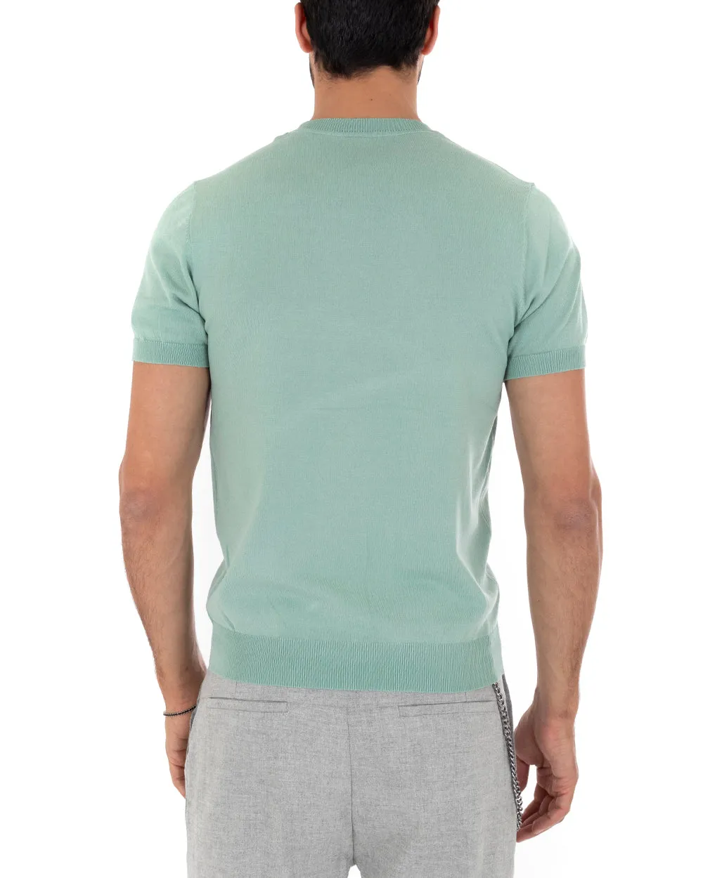 T-Shirt Uomo Manica Corta Tinta Unita Verde Salvia Girocollo Filo Casual GIOSAL-TS3050A