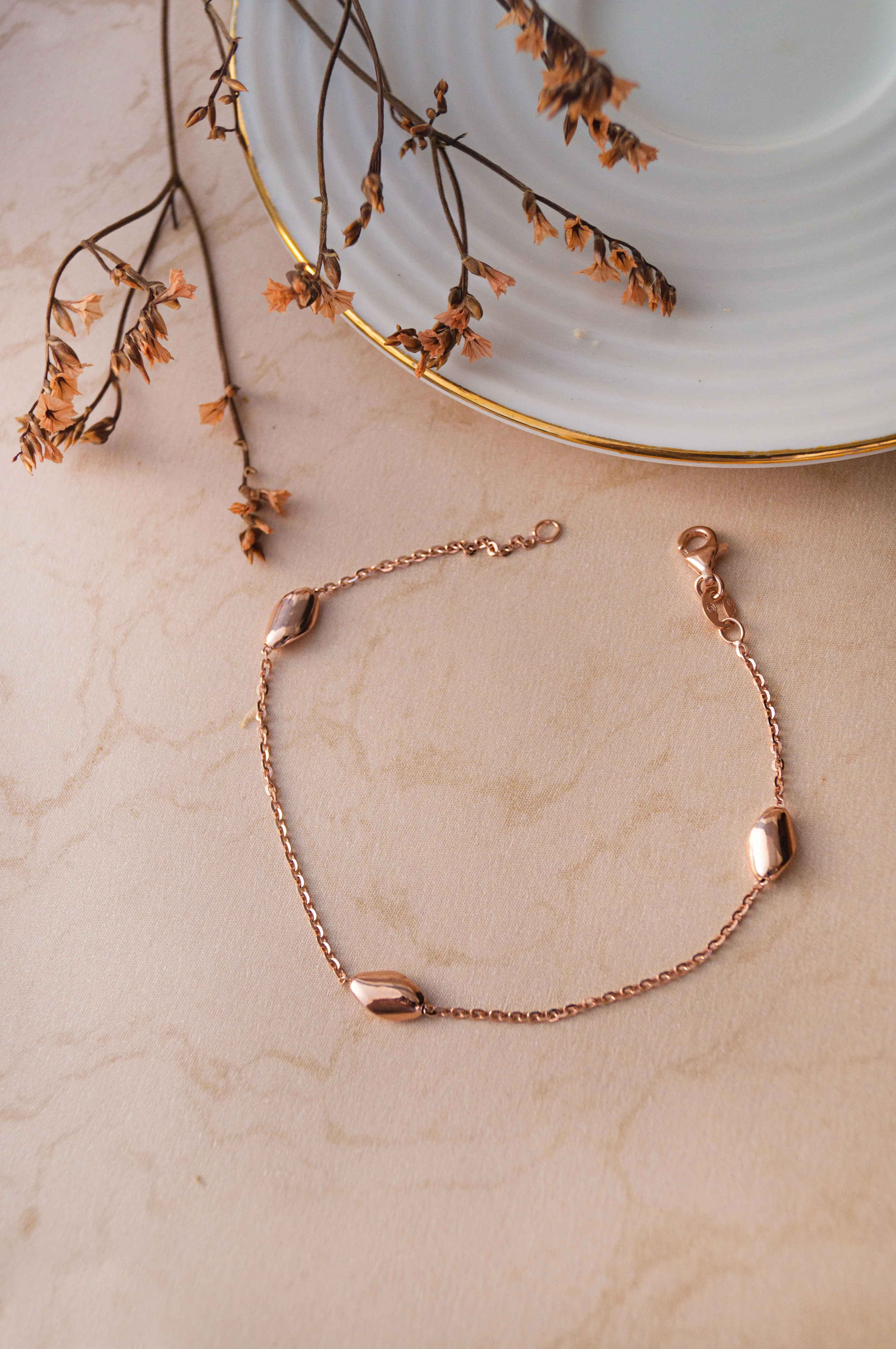 Tappered Station Beads Rose Gold Plated Sterling Silver Chain Bracelet