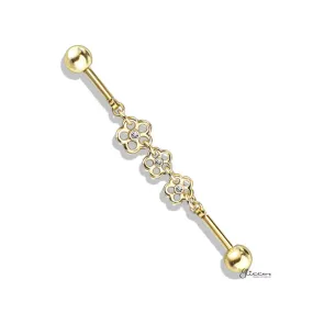 Triple Crystal Center Flower Chain Industrial Barbell - Gold