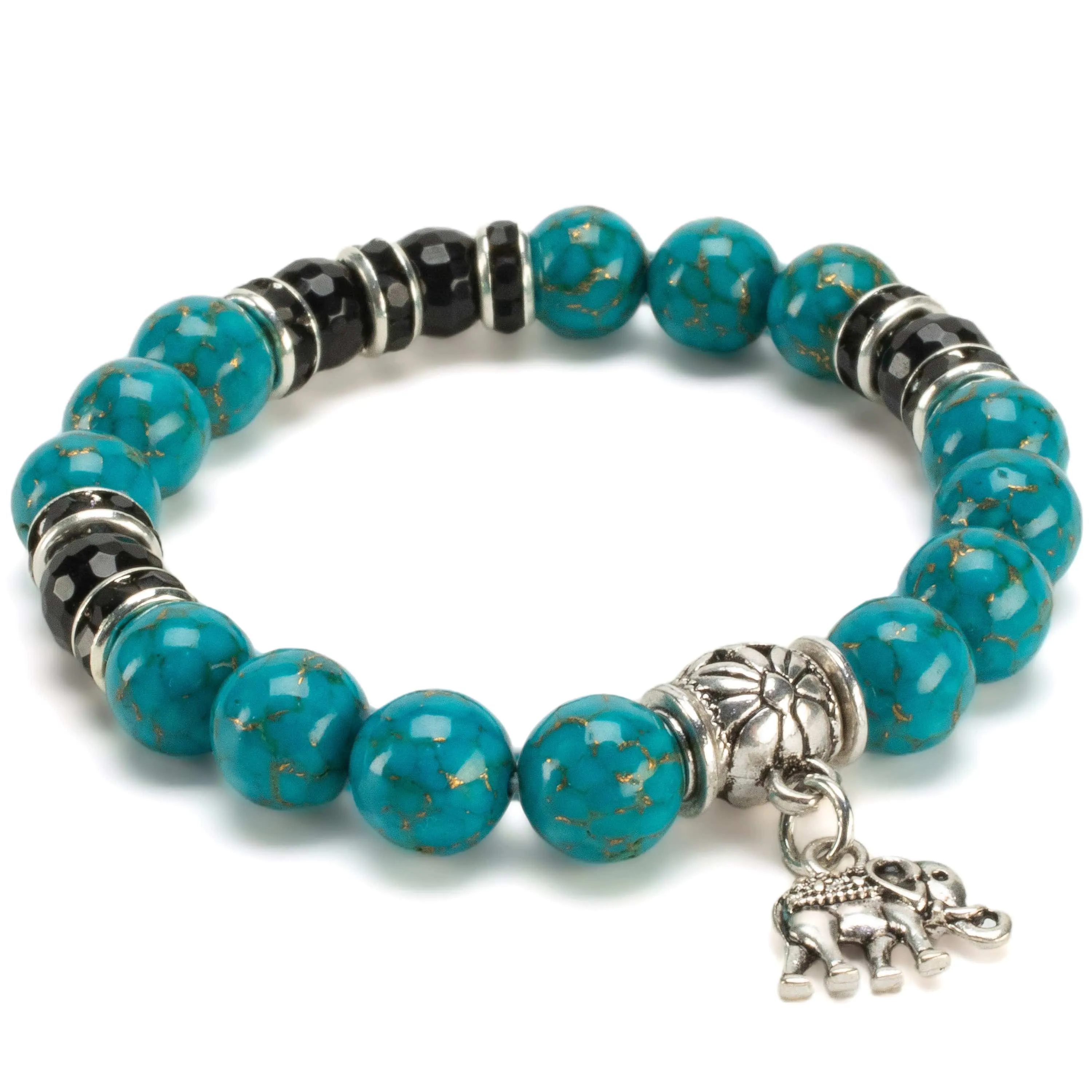 Turquoise 10mm Gemstone Elastic Bead Bracelet with Elephant Accent Bead