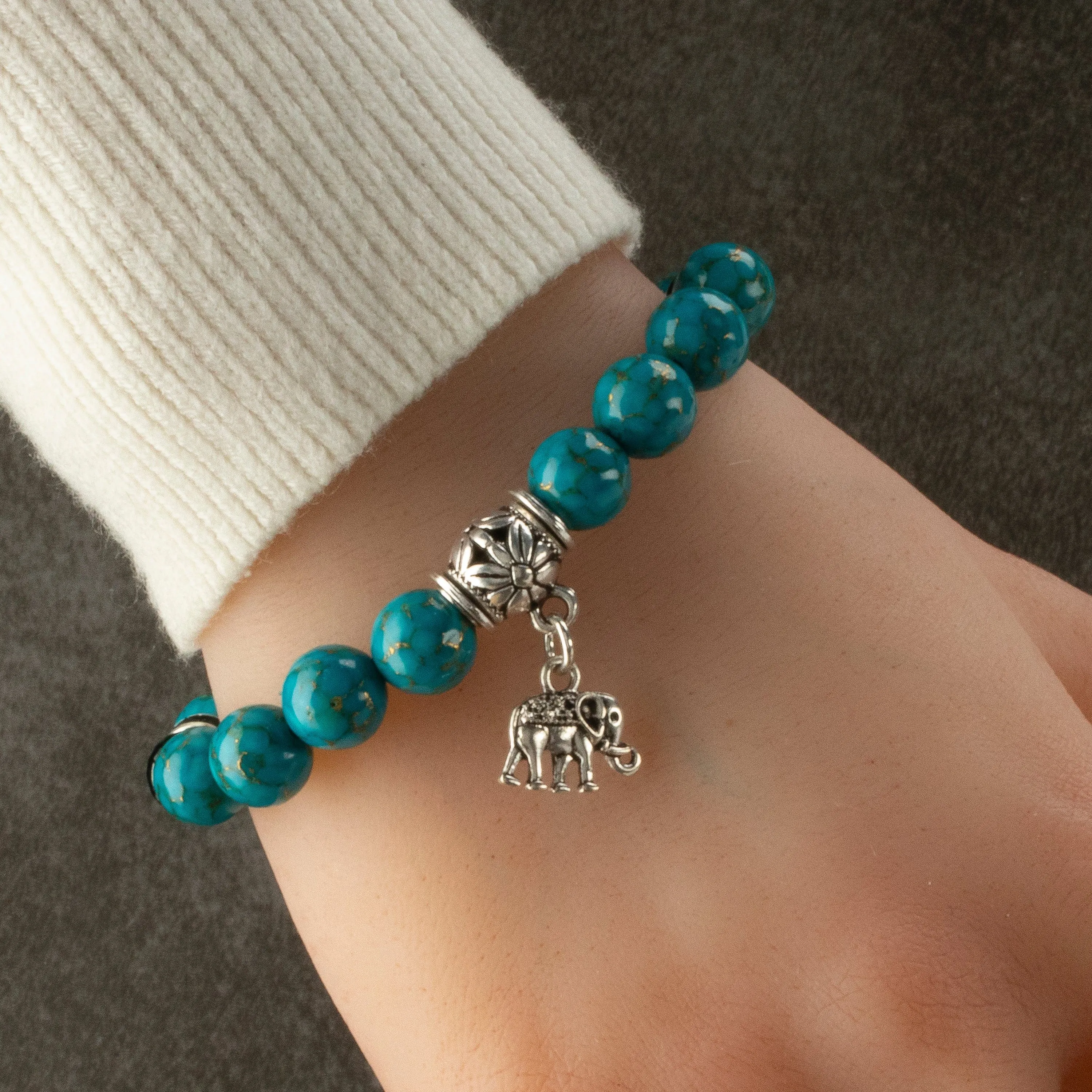 Turquoise 10mm Gemstone Elastic Bead Bracelet with Elephant Accent Bead