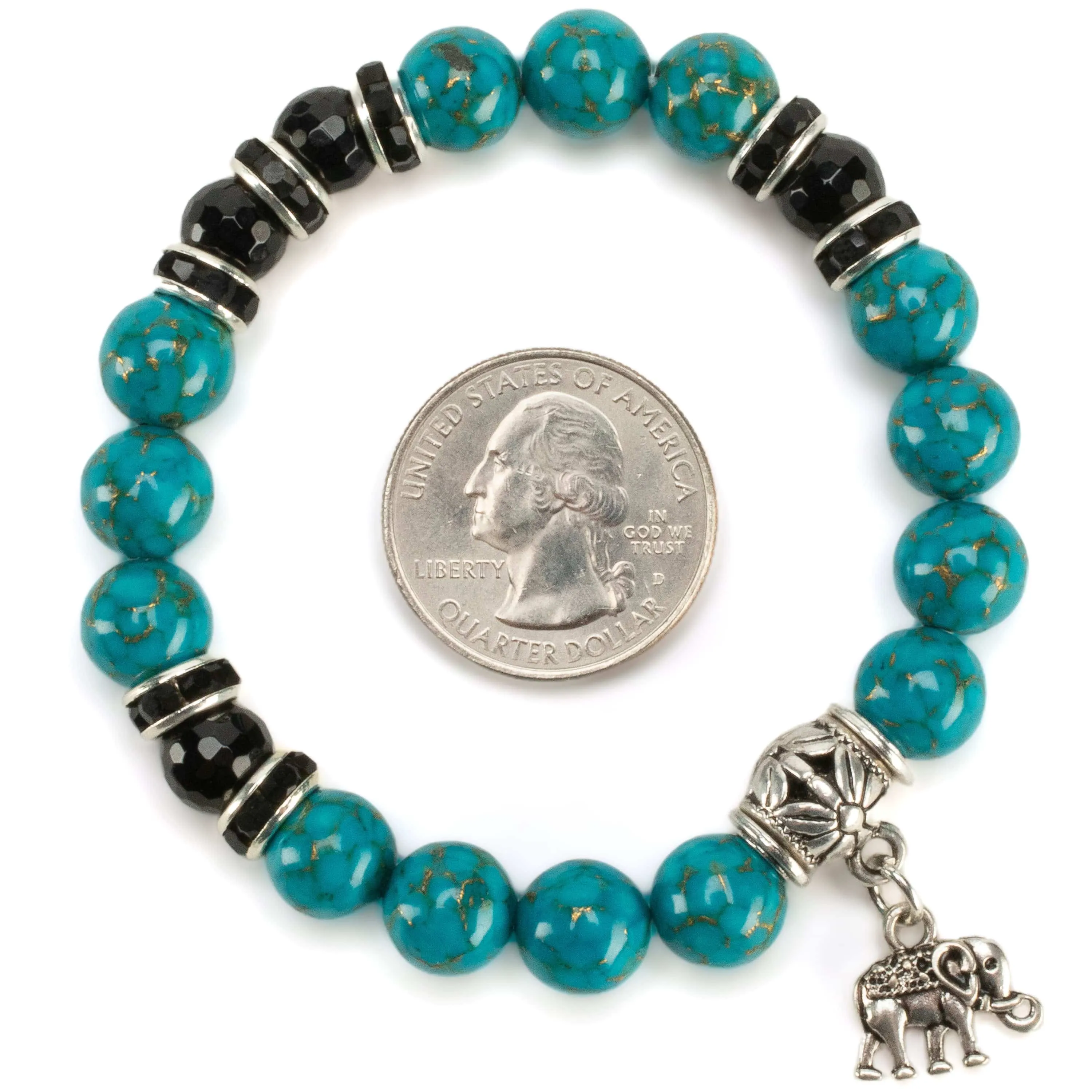 Turquoise 10mm Gemstone Elastic Bead Bracelet with Elephant Accent Bead