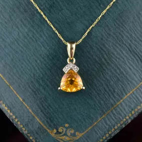 Vintage 10K Gold Citrine Diamond Pendant Necklace