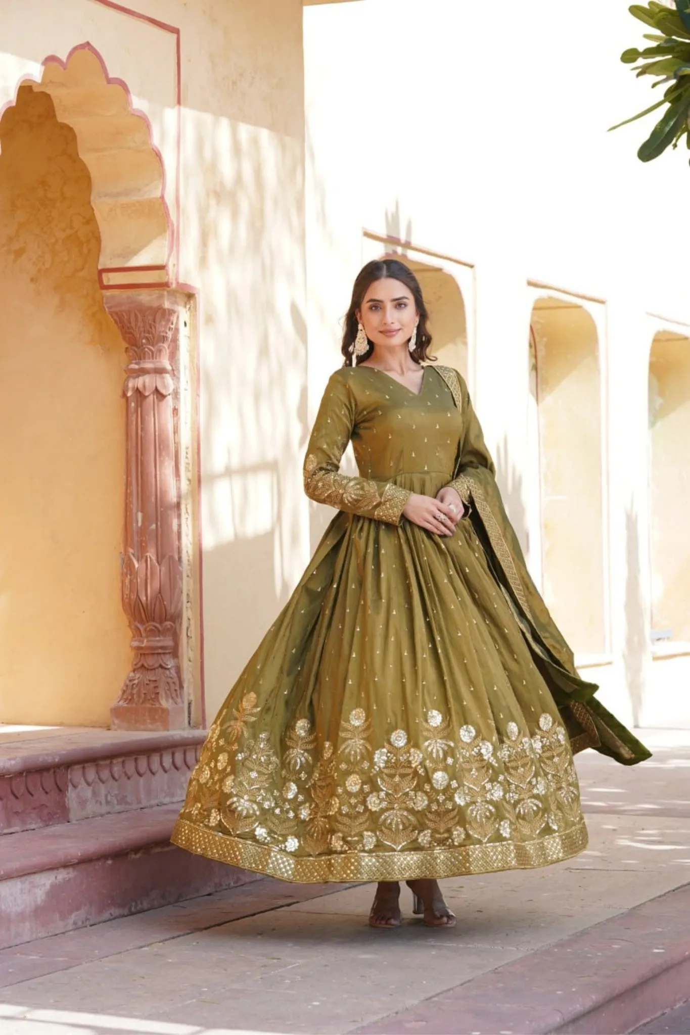 Viscose Embroidery Zari Sequins Work Gown With Dupatta Set