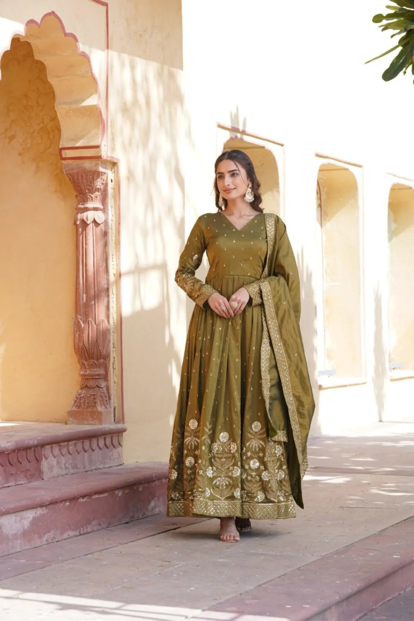 Viscose Embroidery Zari Sequins Work Gown With Dupatta Set