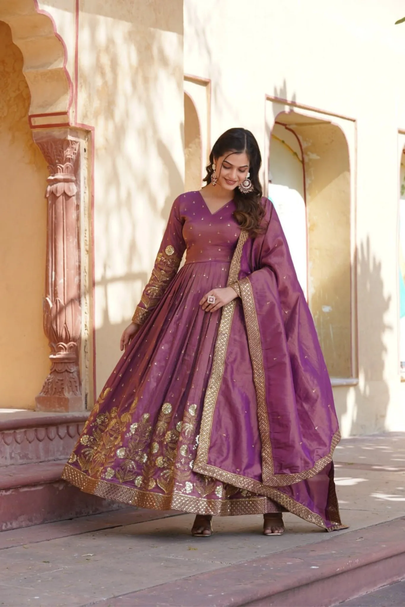 Viscose Embroidery Zari Sequins Work Gown With Dupatta Set