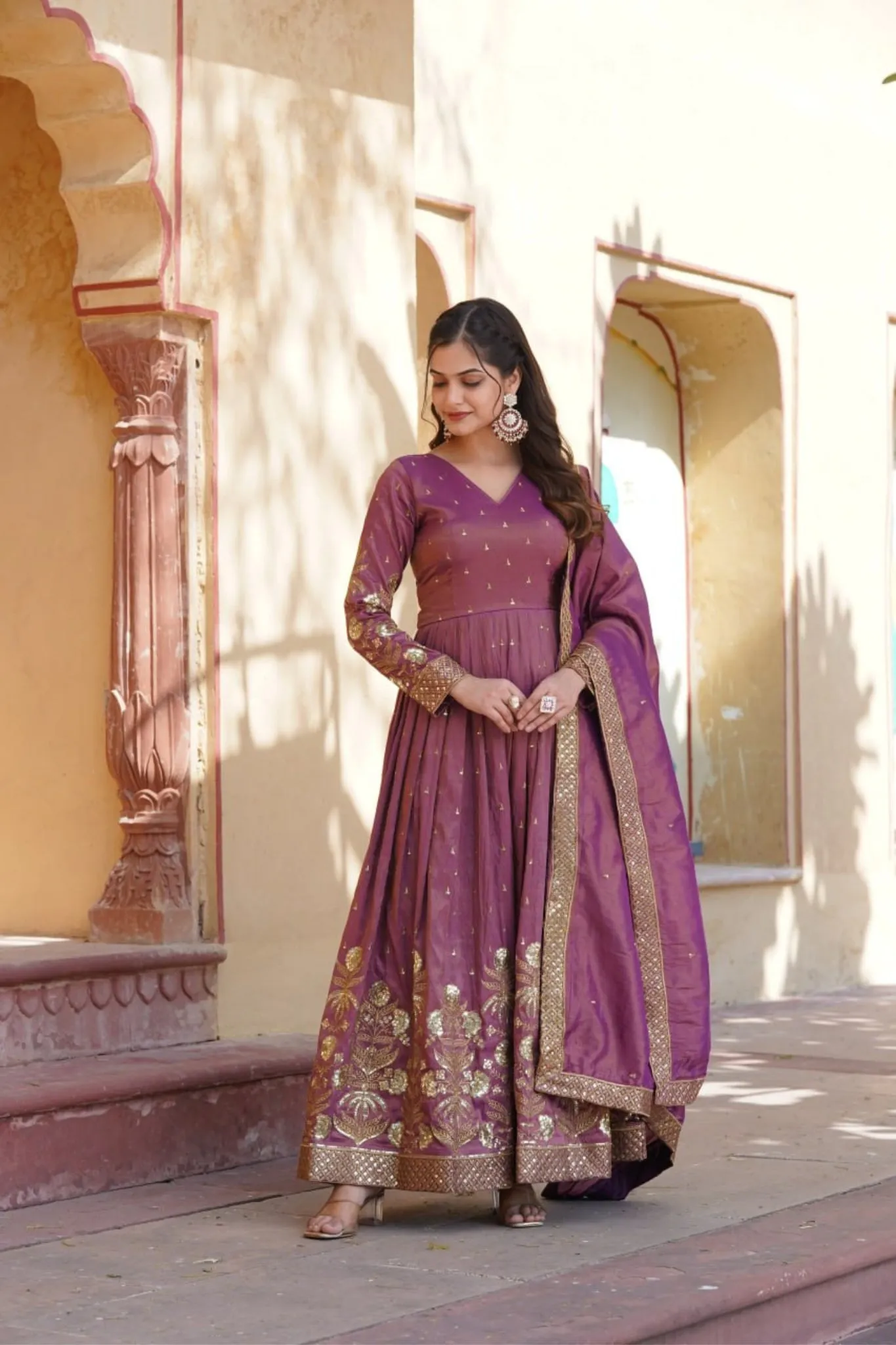 Viscose Embroidery Zari Sequins Work Gown With Dupatta Set