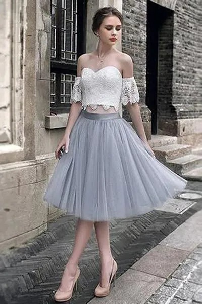 White Lace Tulle Two Pieces Off Shoulder Short Sleeve Short Prom Dress Homecoming Dress